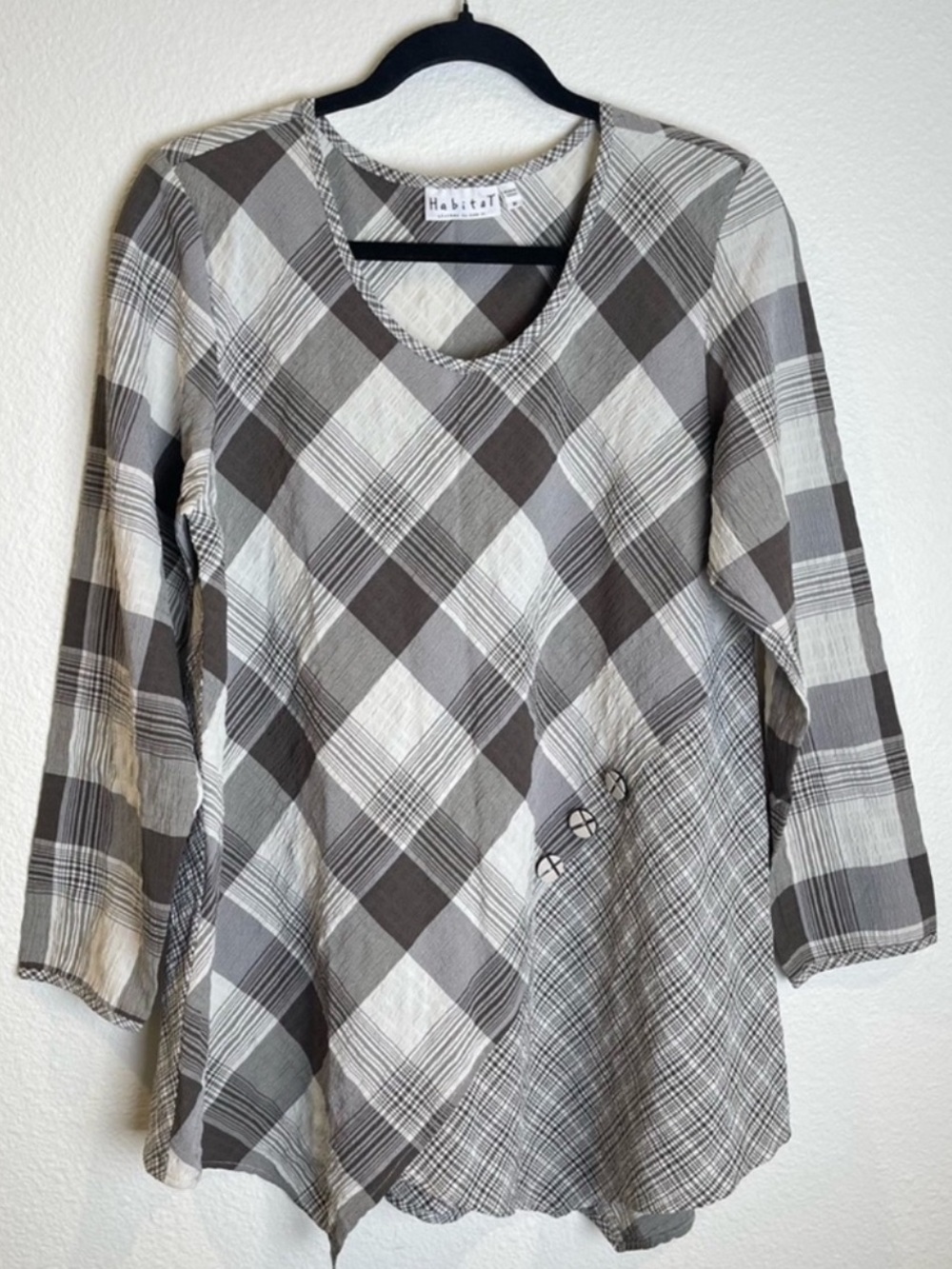 HABITAT Tunic Top Size Medium Gray Patchwork Plaid Asymmetric Lagenlook Artsy